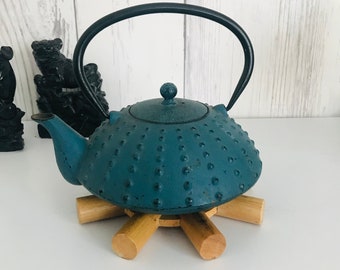 Blue Japanese Kettle Cast Iron Teapot Tetsubin Porcupine Decorated, Vintage Japan Teapot with Bamboo Stand, Kitchen Decor, Asian Decor