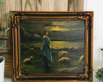 Antique Oil Painting Shepherdess Flock Of Sheep Pastoral Painting Original, Antique Gold Gilt Wooden Frame, Antique Frame, Antique Painting