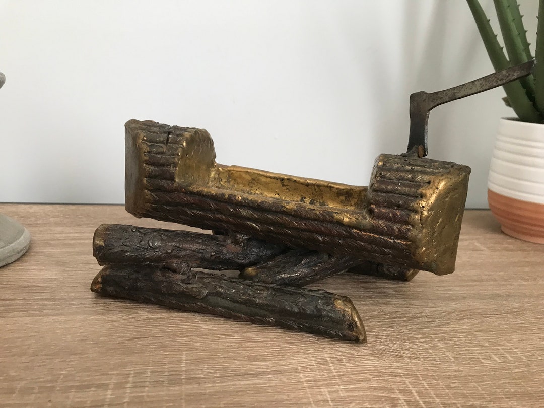 Antique Cast Iron Log Planter, Axe and Log Matches Holder, Vintage Iron Holder, Rustic Iron
