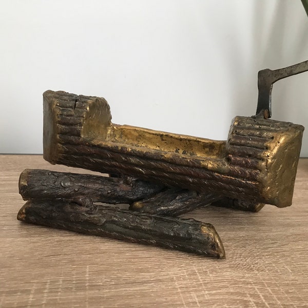 Antique Cast Iron Log Planter, Axe and Log Matches Holder, Vintage Iron Holder, Rustic Iron Sculpture, Vintage Christmas Decorations, Boho