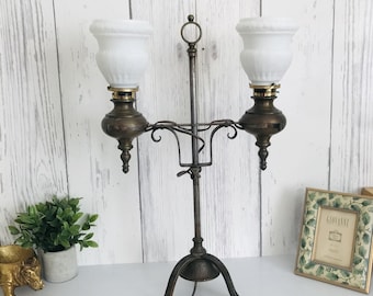 Antique Early 20th Century Student Lamp, Antique Double Arm Iron, Brass Bridge Lamp, Milk Glass Lampshade, Double Globe Lamp, Rare Lamp 23&#39;&#39;
