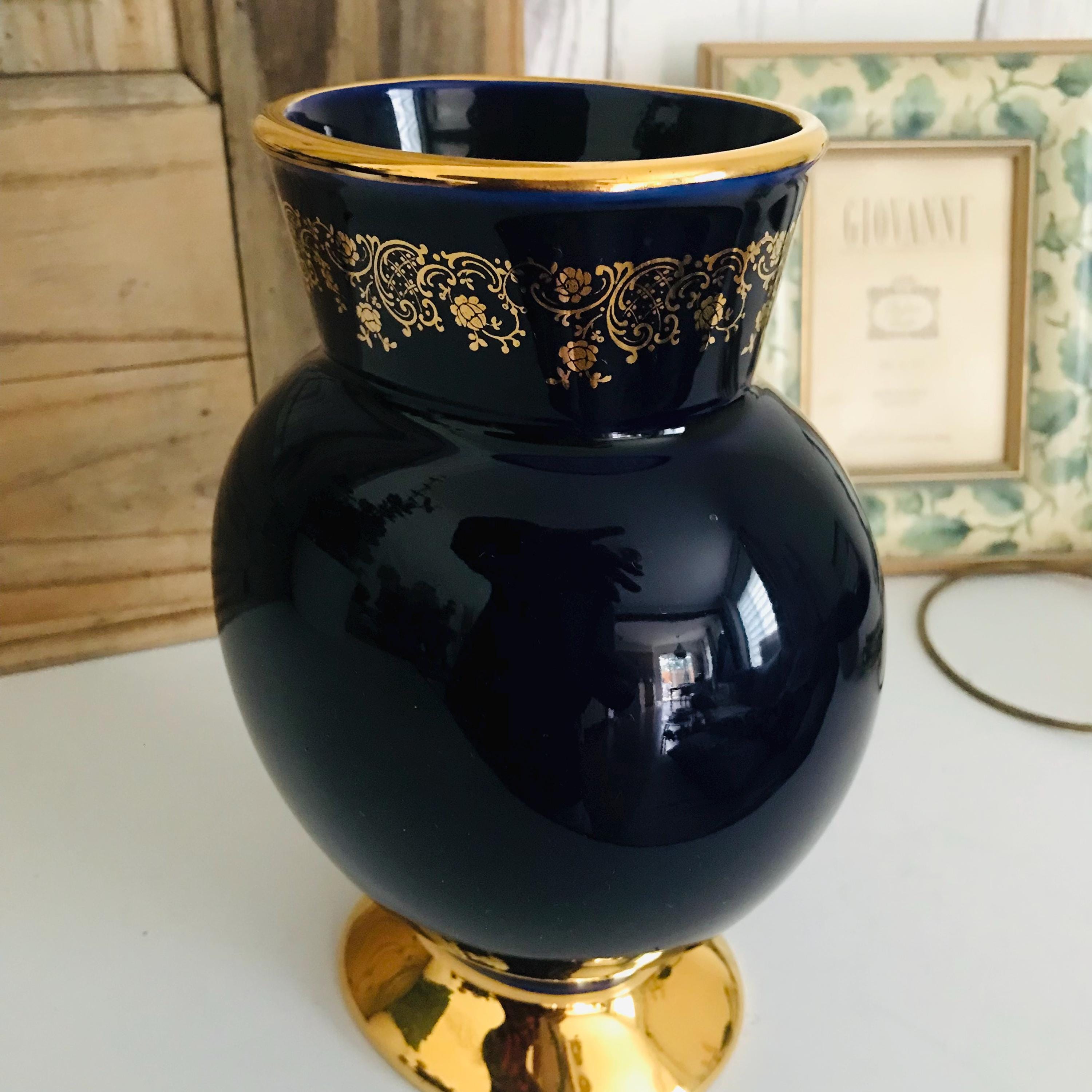 ヴィンテージ リモージュ コバルト花瓶、22K ゴールド、フランス