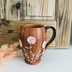 Vintage 1960&#39;s Pitcher, Italian Studio Art Pottery, Ceramic Clay Pitcher With Raised Applied Flowers, Italy Folk Art Jug, Planter 7,5&#39;&#39;