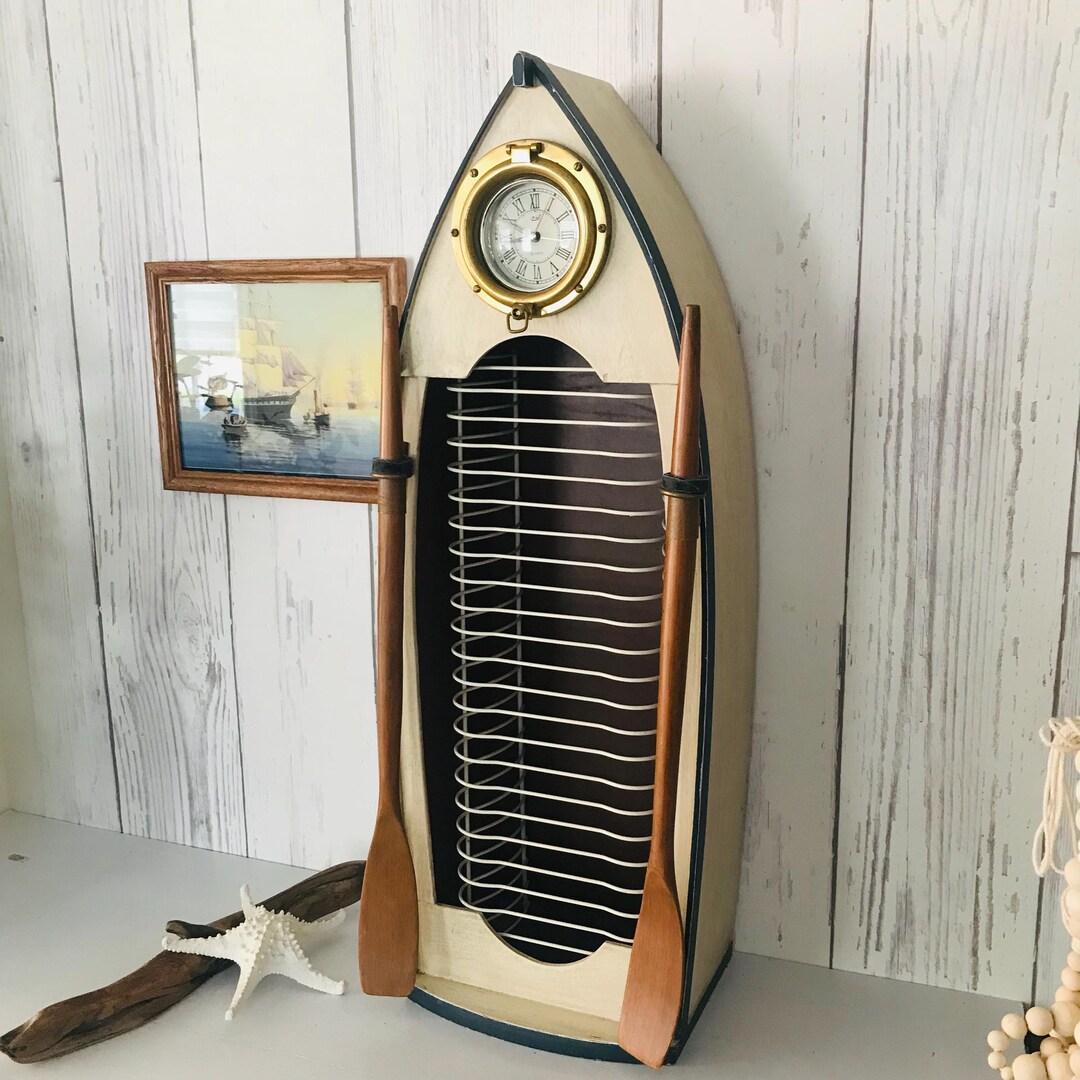 Vintage Boat Style CD Rack, Wood Boa Shelf, Shelves Canoe With Brass ...