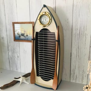 Vintage Boat Style CD Rack, Wood Boa Shelf, Shelves Canoe with Brass Marine Clock, Coastal Decor, Cd Rack, Boat and Paddle Shelves, Cabin