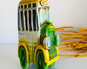 Vintage Japanse muntbank, vintage keramische schoolbusbank, krijtbord geel, groen Ceramaster grappige muntbank, retro bank, decoratie kinderkamer,