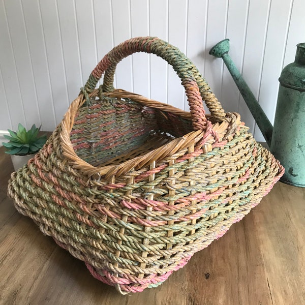 Large Vintage Wickerwork Gathering Basket, Rare Pastel Colors Market Basket, Gardening Trug, Rustic Hand Woven Willow Foraging Basket