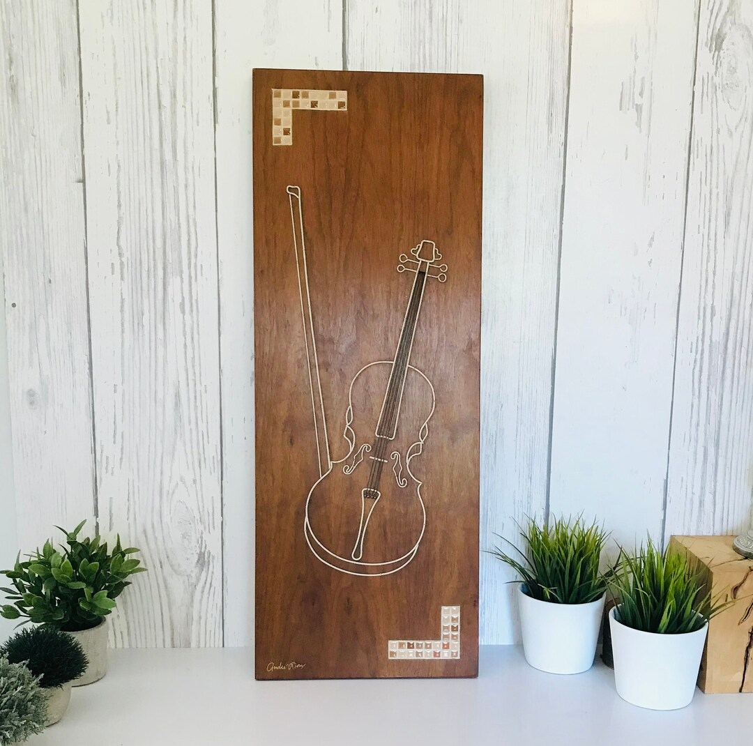 Wall Hanging Violin Frame, Unique 40's Artwork, Wooden Frame With Metal