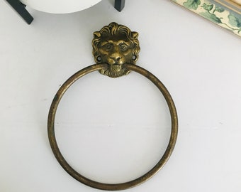 Vintage Peerage Brass Towel Ring, Lion Head Towel Ring Holder With Label, Lion Hand Towel Holder, Lion Door Pull, Bathroom Decor Hanger