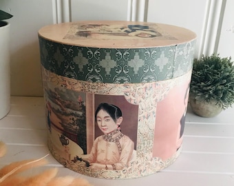 Vintage Hat Box, Pink and Green Box, Decorative Round Box, Home Decor 9.6''