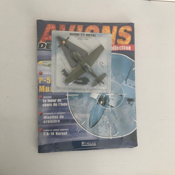Rare Metal Airplane Mustang P-51 Toy, Atlas Collection, Combat Aircraft 1/100, Collectible Airplane Model, Scelled Magazine and Toy