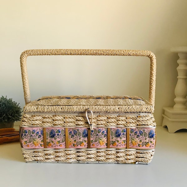 Rare Vintage Dritz Sewing Basket, Large Sewing Basket, Vintage Flower Pattern Basket, Dritz Sewing Basket, Boho Decor, Dritz Wicker Basket