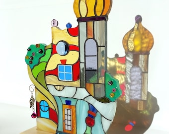 Stained Glass House of the Famous Austrian Creator and Architect, Suncatcher – Unique Handmade Mosaic Art Gift, Architectural art
