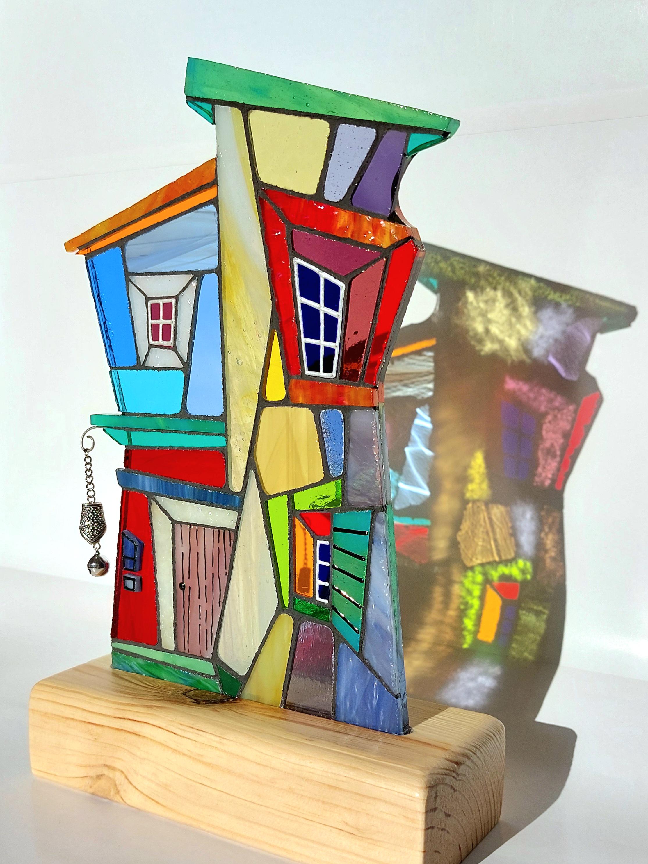 Picasso Stained Glass House Suncatcher - Handmade Mosaic Art on Wood Stand