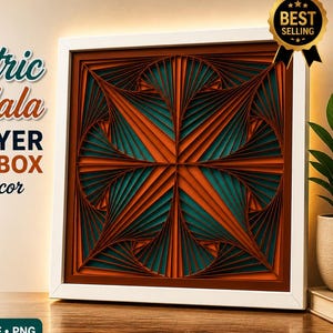 May include: A geometric mandala shadow box, featuring layers of orange and teal paper within a white frame. The image includes text that reads "Geometric Mandala, Multilayer Shadow Box, Mandala Decor".