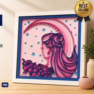 Moon girl layered shadow box svg celestial woman light decor