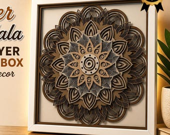 Mandala floral tipo caja de sombra SVG multicapa, archivo de corte láser, arte mural 3D de mandala.
