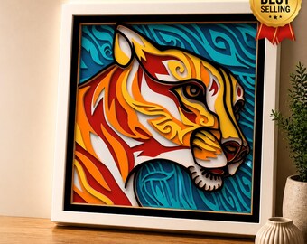 Tiger Shadow Box SVG, cadre léger multicouche découpé au laser, décoration murale animal