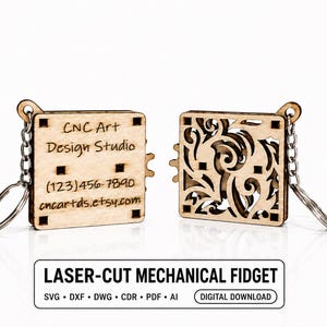 Laser Cut Mechanical Square Keychain File | Wooden Business Card Gear Fidget Toy Gift SVG