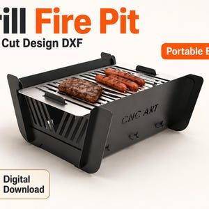 May include: Black laser-cut metal grill fire pit with a stainless steel grill. The grill holds a grilled steak and three sausages. Text on the image reads "Grill Fire Pit", "Laser Cut Design DXF", "Portable BBQ", and "Digital Download".
