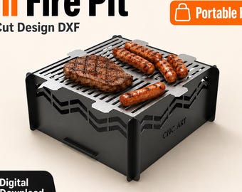 May include: A black, laser-cut metal Grill Fire Pit with a Portable BBQ design. The grill holds a grilled steak and several sausages. The text "Grill Fire Pit" and "Laser Cut Design DXF" are displayed in orange and black. The words "Digital Download" are also visible.