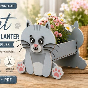 Baby Cat Planter SVG – Laser Cut Animal Flower Box File