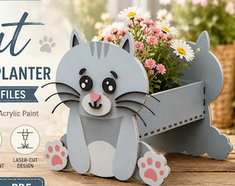 Baby Cat Planter SVG – Laser Cut Animal Flower Box File