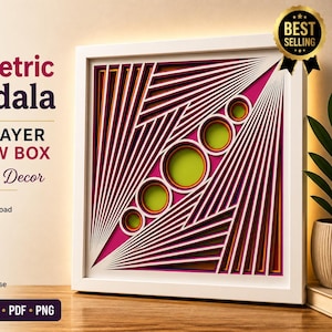 Puede incluir: Una caja de sombra de mandala geométrica con marco blanco y diseño en capas. La obra de arte presenta una combinación de colores rosa y verde con patrones lineales y circulares. El texto en la imagen incluye "Geometric Mandala" y "Multilayer Shadow Box Mandala Decor."