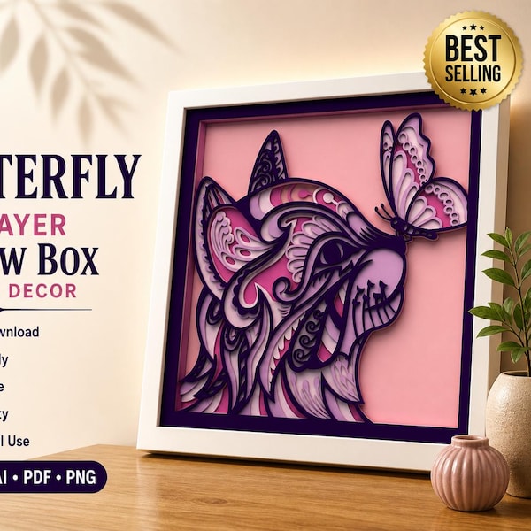 Cat Butterfly Shadow Box SVG Animal Light Decor Pet Fantasy Laser Cut Multilayer Design