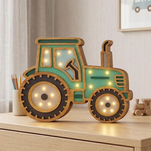 May include: A wooden tractor-shaped night light with a teal cab and brown wheels. The tractor has a steering wheel and a smokestack. The wheels and cab have lights. The words "INSTANT DOWNLOAD" are in the top right corner.