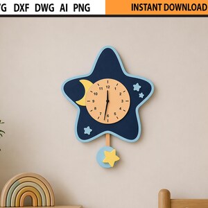 Laser Cut Moon Star Clock Design SVG | Kids Bedroom Clock with Pendulum (Digital Download)