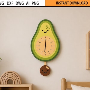 Laser Cut Avocado Clock Design SVG | Kids Bedroom Clock with Pendulum (Digital Download)