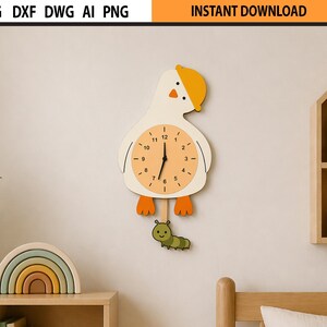 Laser Cut Duck Clock Design SVG | Kids Bedroom Animal Clock with Pendulum (Digital Download)