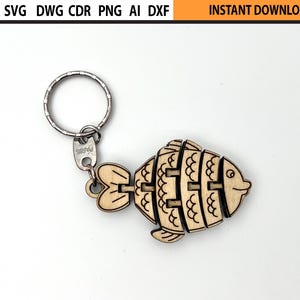 Lasergesneden flexibele sleutelhanger vis SVG, houten fidget speelgoedontwerp (digitaal bestand)