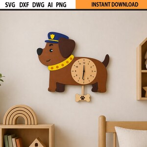 Laser Cut Dog Clock Design SVG | Kids Bedroom Animal Clock with Pendulum (Digital Download)