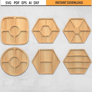 Puede incluir: Seis bandejas de servir de madera en diferentes formas, incluyendo cuadrada, redonda y hexagonal. Cada bandeja tiene múltiples compartimentos para servir aperitivos o aperitivos.