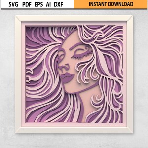 ファッション女性ロングヘア 3D マルチレイヤー シャドウ ボックス SVG | マルチレイヤー マンダラ ウォール アート | 3D シャドウ ボックス | ビンテージ シャドウ ボックス | Cricut Glowforge。
