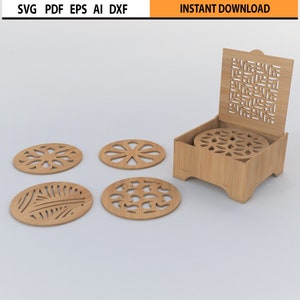 Wood Coasters With Box Bundle Set of 12 Design Drink Coaster With 2 Box SVG, DXF, CDR Template Glowforge Coaster Design laser cut files