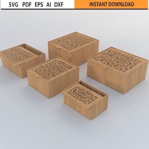 Laser Cut Boxes with Pattern Slide Lid Bundle set of 5 Different Sizes, Slider box SVG, Wooden Gift Box, Laser Cutting Files Glowforge SVG