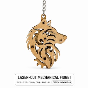 Laser Cut Mechanical Wolf Keychain File | Wooden Tribal Gear Fidget Toy SVG Design