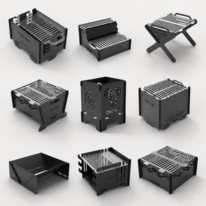 May include: A selection of ten black, laser-cut portable fire pit grill BBQ designs. The designs feature different shapes and sizes, with grates for cooking. The image also includes the text "10 Portable Fire Pit Grill BBQ Design File Bundle" and "Instant Download."