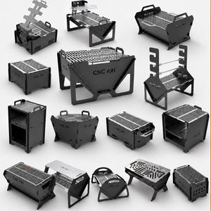 May include: A collection of 30 portable fire pit grill BBQ designs. The designs are in black and include various styles and sizes. The image also includes the text "Design File Bundle" and "30 Designs". The file formats are SVG, DXF, AI, EPS, and PDF.