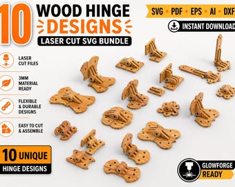 Paquete de diseños SVG de bisagras de madera cortadas con láser, plantillas Glowforge (descarga digital)