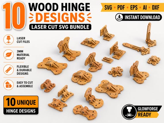 Laser Cut Wood Hinge SVG Design Bundle, Glowforge Templates (Digital Download)