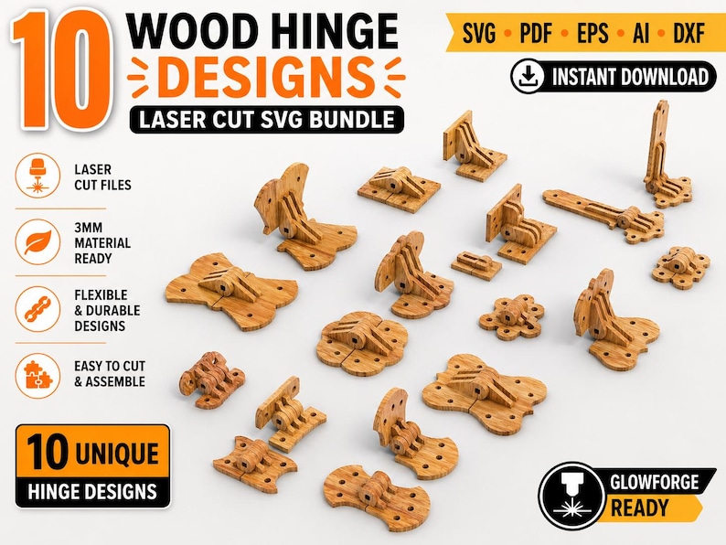 May include: A collection of ten wooden hinge designs, laser cut SVG bundle. The image shows various hinge styles, including butterfly and right-angle designs. The text indicates the designs are ready for 3mm material and easy to cut and assemble.