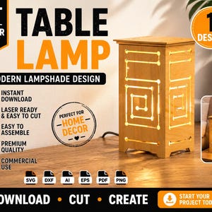 May include: A wooden table lamp with a modern lampshade design. The lamp has a rectangular shape with a square top and a spiral pattern cut into the sides. The text "TABLE LAMP" and "MODERN LAMPSHADE DESIGN" are visible.