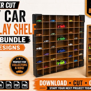 May include: Laser-cut toy car display shelf SVG bundle with two designs. The image shows two wooden display shelves with multiple compartments, filled with toy cars of various colours. The text on the image says "Perfect for collectors & kids!"