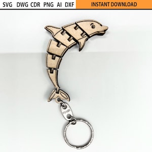 Laser geschnitten Flexible Delphin Schlüsselbund Design SVG, Laser geschnitten flexi Schlüsselhalter, bewegliche Holzfigur, Laser geschnitten Fidget mechanischen Holzspielzeug
