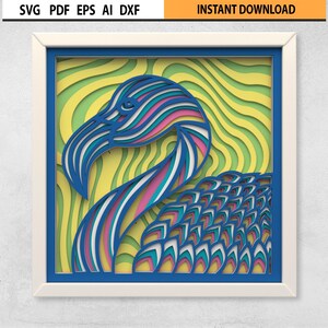 Flamingo 3D SVG Mandala Files, Layered Shadow box File tagliati DXF, File SVG multistrato per taglio laser, 3D Layered Wall Art Mandala Glowfo