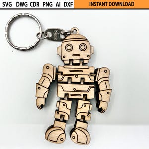 Lasergesneden flexibele robot sleutelhanger ontwerpbestand SVG, lasergesneden flexibele sleutelhouder, beweegbare houten figuur, lasergesneden fidget houten mechanisch speelgoed